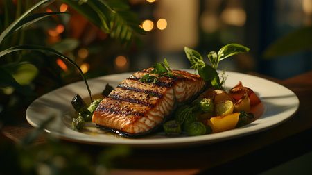Grilled fish fillet with vegetables on a white plate. Restaurantの素材
