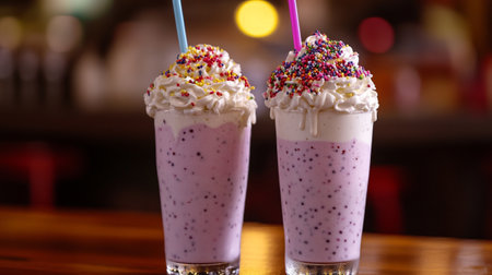 Blueberry milkshake with whipped cream and sprinkles on topの写真素材