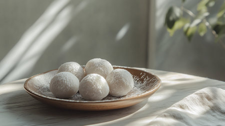 Coconut balls on a plate in the sunlight. Selective focus.の写真素材
