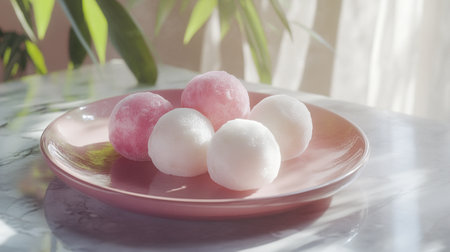 Japanese confectionery, glutinous rice balls on a red plateの写真素材