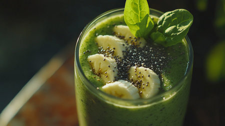 Healthy green smoothie with banana, chia seeds and spinachの写真素材