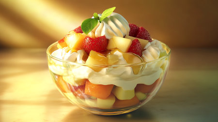 Fruit salad in a glass bowl with whipped cream and fresh fruitsの写真素材
