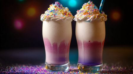 Two glasses of milkshake with whipped cream and colorful sprinklesの写真素材