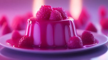 Panna cotta with raspberries on a purple background.の写真素材