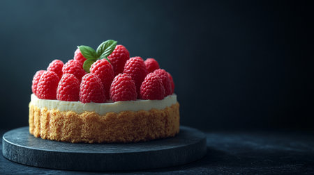Raspberry cake with cream and fresh raspberries on dark backgroundの写真素材