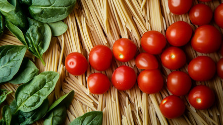 Italian pasta spaghetti with cherry tomatoes and spinach leaves. Food background.の写真素材
