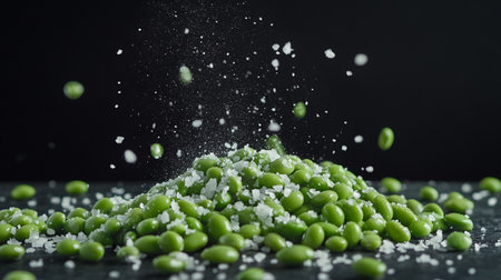 pile of frozen green peas on a black background with water dropsの写真素材