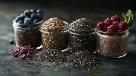 Chia seeds in glass jars with berries on dark background, closeupの写真素材