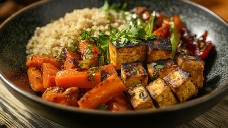 Tofu with bulgur and vegetables in bowl, closeupの写真素材