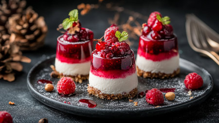 Panna cotta with raspberry sauce and fresh raspberries on a black backgroundの写真素材