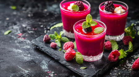 Delicious raspberry panna cotta with fresh raspberries and mintの写真素材