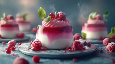 Delicious raspberry panna cotta with fresh raspberries and mintの写真素材