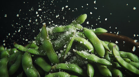 Green soybeans in a basket on a black background with water dropsの写真素材