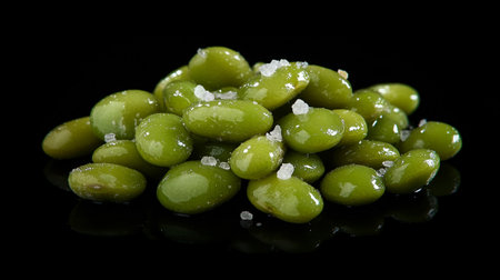 Green soybeans with salt isolated on black background. Close up.の写真素材