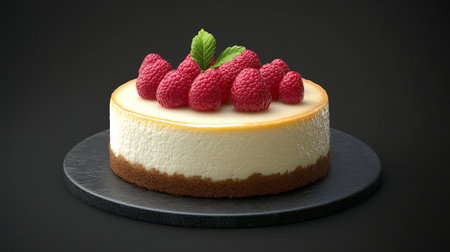Piece of cheesecake with raspberries and mint on black backgroundの写真素材