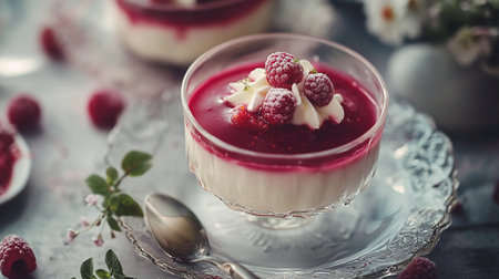 Creamy raspberry panna cotta with fresh raspberriesの写真素材
