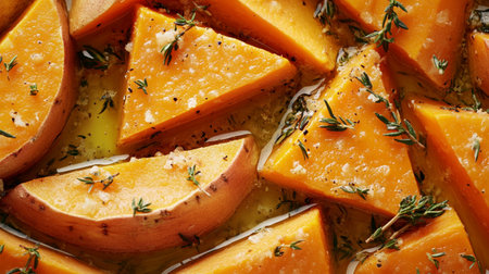 Tasty baked pumpkin with thyme as background, top view. Space for textの写真素材