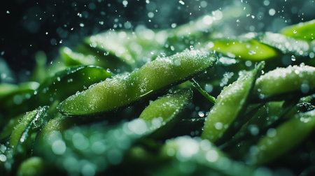 Fresh green soybeans with water drops. Selective focus. Shallow depth of fieldの写真素材