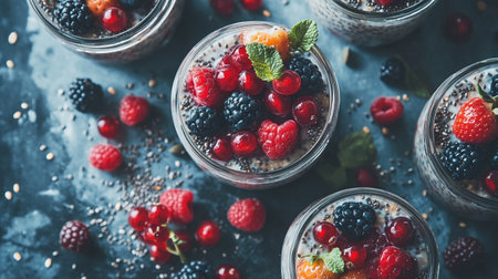 Chia seed pudding with fresh berries in glass jars on dark backgroundの写真素材