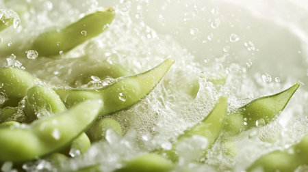 Fresh green soybeans in water with bubbles, close-up.の写真素材