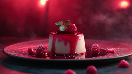 Panna cotta with raspberries and mint on a black backgroundの写真素材