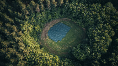 Aerial view of solar panels in the forest. Drone photography.の写真素材