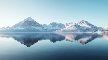 Snowy mountains reflected in the water. 3d render illustration.の写真素材