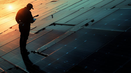 Silhouette of a worker working on a photovoltaic panelの写真素材