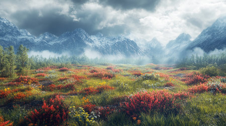 Beautiful meadow with wildflowers in the mountains under cloudy skyの写真素材