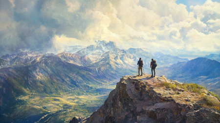 Hiking couple on top of a mountain. Panoramic viewの写真素材