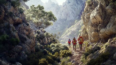 Group of hikers walking on a trail in the mountains. Trekking conceptの写真素材