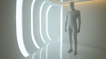 3D rendering of a white mannequin in a futuristic interiorの写真素材
