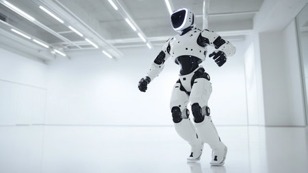 3d rendering humanoid robot in a white room with white walls.の写真素材