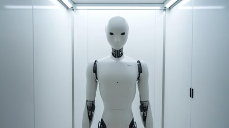 Cyborg mannequin in front of white wall. 3d renderingの写真素材