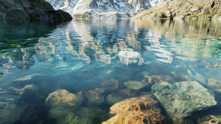 Panoramic view of a mountain lake with clear water and stonesの写真素材