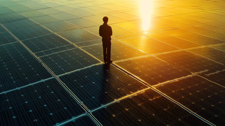 Silhouette of a man looking at solar panels. 3d renderの写真素材