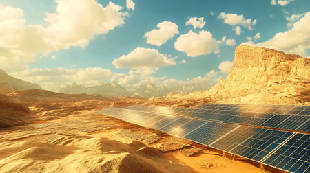 solar energy in the desert with blue sky and clouds 3d renderingの写真素材