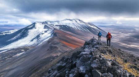 Hiker on the top of a mountain in the Altai Mountainsの写真素材