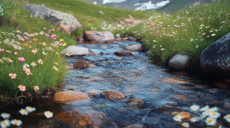 Mountain stream with flowers and grass in the summer, selective focusの写真素材