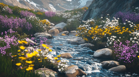 Wildflowers blooming in the mountain stream. Colorful wildflowers in summer.の写真素材