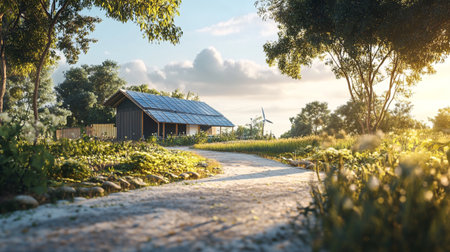 Sunset in the countryside with windmill and solar panels on the roofの写真素材