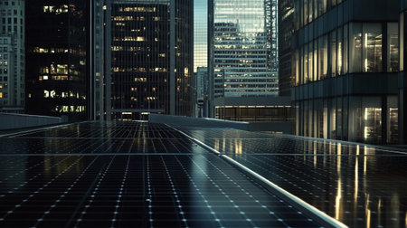 solar energy panels in modern city at night 3d rendering imageの写真素材