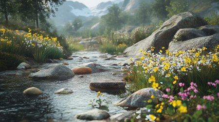 Wildflowers and stones in a mountain stream. Spring landscape.の写真素材