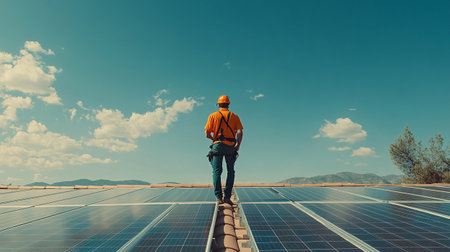 engineer or technician standing on the roof of photovoltaic solar power plantの写真素材