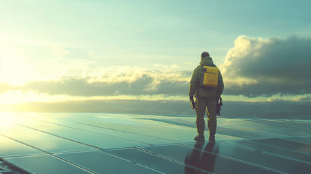 Man standing on solar panel. Alternative energy concept. 3D Renderingの写真素材