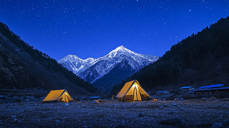 Night camping in Himalayas, Uttarakhand, India.の写真素材