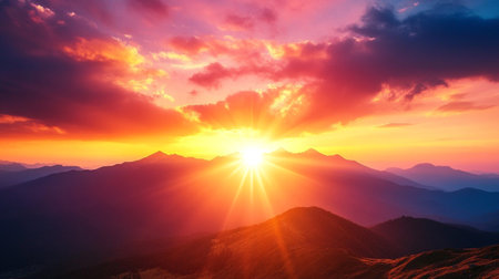 Beautiful sunrise in the mountains. Landscape with sun and cloudsの写真素材