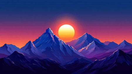 Sunset in the mountains. Landscape with mountains. Vector illustration.の写真素材