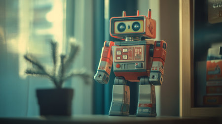 Retro robot toy in a shop window. Selective focus.の素材