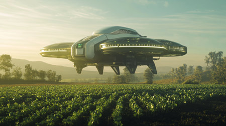3d illustration of flying saucer over the field with lettuce.の写真素材